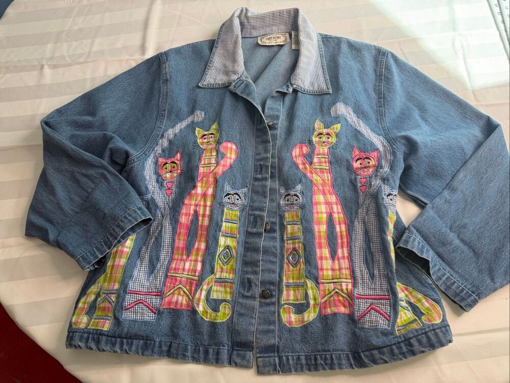 Tantrums Vintage Denim Jacket Cat Appliqué Embroidered Art to Wear Size XL - Picture 2 of 9
